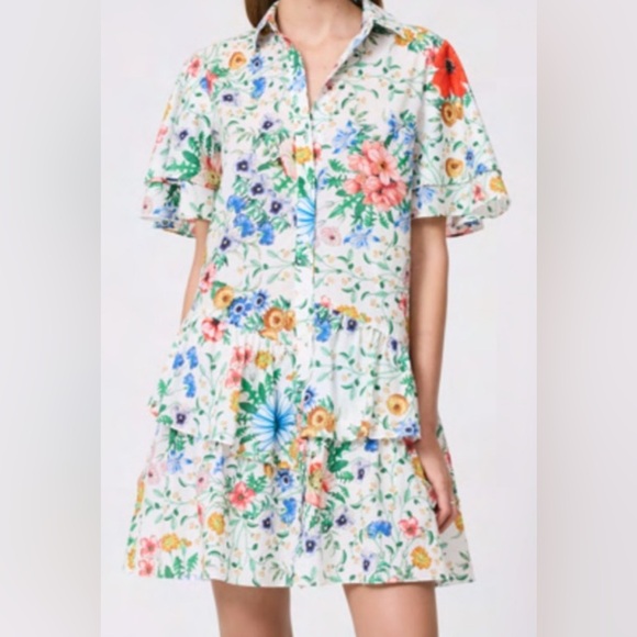 Pearl By Lela Rose Dresses & Skirts - NWOT [Pearl by Lela Rose] Floral Flounce Sleeved Button-Up Shirt Dress Women’s S